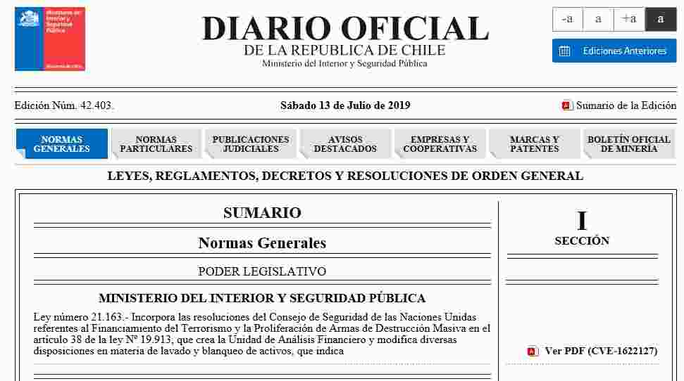 LEY N°21.163 INCLUYE RESOLUCIONES CSNU SOBRE FINANCIAMIENTO DEL TERRORISMO Y PROLIFERACIÓN DE ARMAS DESTRUCCIÓN MASIVA EN ART.38° DE LEY N°19.913