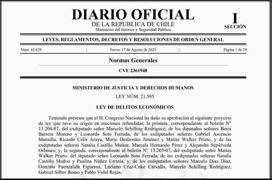 ENTRA EN VIGENCIA LA LEY N°21.595 DE DELITOS ECONÓMICOS